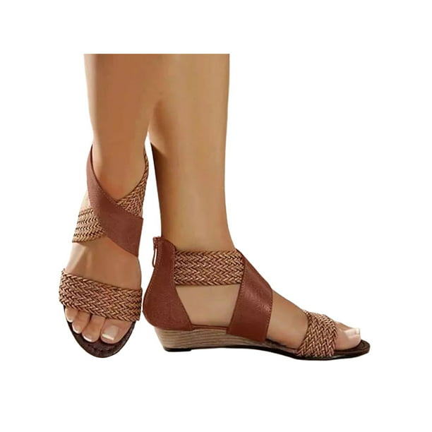 NJ Women Comfortable Open Toe Sandals Wedge Low Heels Cross Strap Buckled Pumps Summer Dress Shoes 